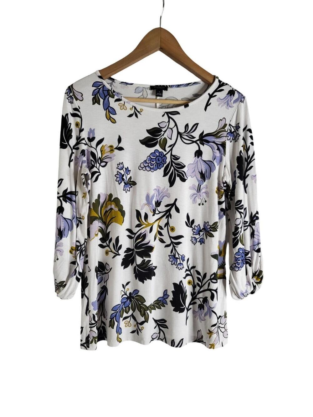 Ann Taylor White Floral Top With & Black Botanical Prints 3/4 Sleeves Size M